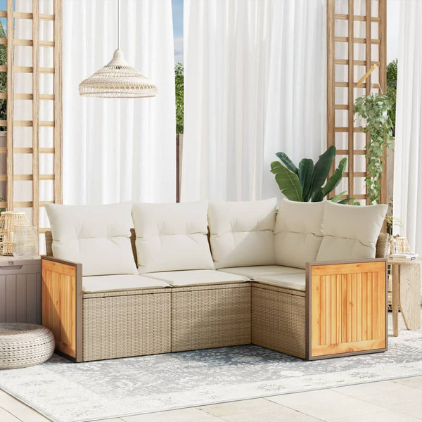 4-tlg. Garten-Sofagarnitur mit Kissen Beige Poly Rattan