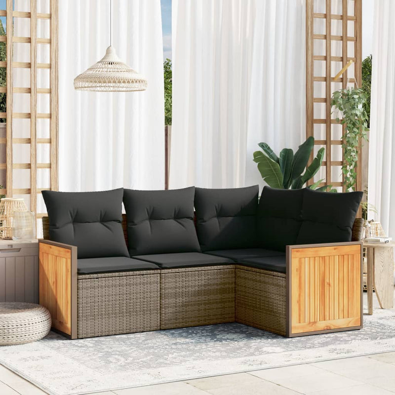 4-tlg. Garten-Sofagarnitur mit Kissen Grau Poly Rattan