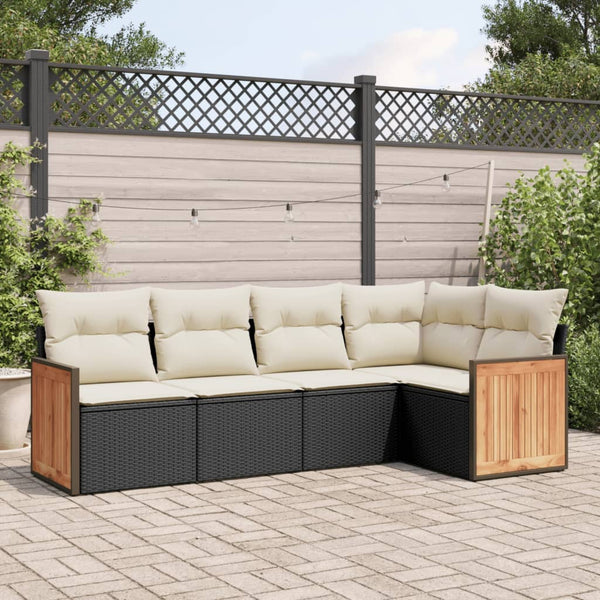 5-tlg. Garten-Sofagarnitur mit Kissen Schwarz Poly Rattan