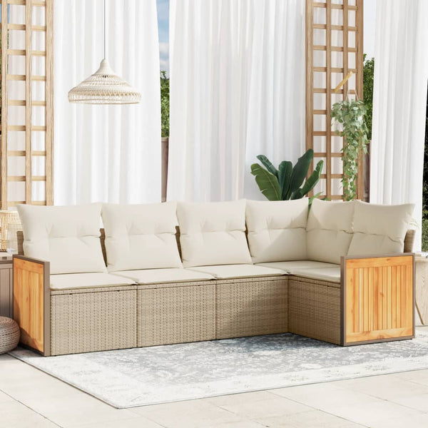 5-tlg. Garten-Sofagarnitur mit Kissen Beige Poly Rattan