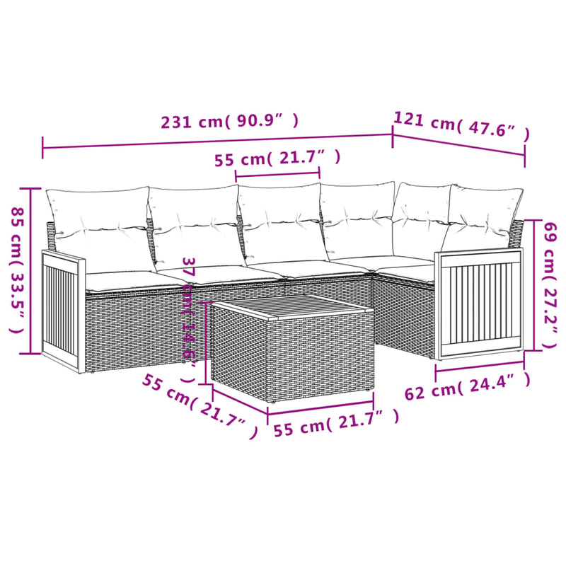 6-tlg. Garten-Sofagarnitur mit Kissen Schwarz Poly Rattan