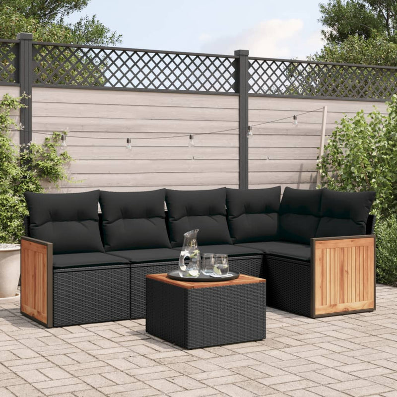 6-tlg. Garten-Sofagarnitur mit Kissen Schwarz Poly Rattan