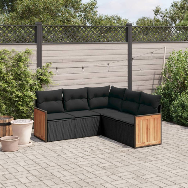 5-tlg. Garten-Sofagarnitur mit Kissen Schwarz Poly Rattan