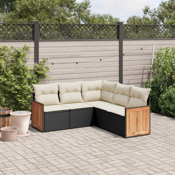 5-tlg. Garten-Sofagarnitur mit Kissen Schwarz Poly Rattan