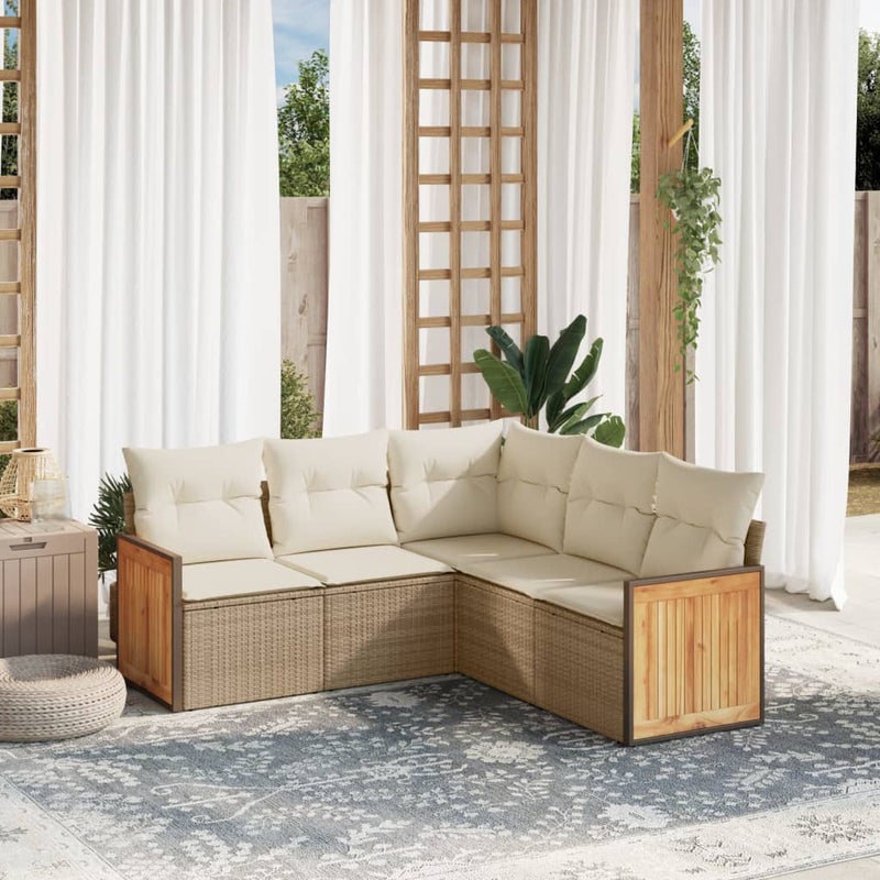 5-tlg. Garten-Sofagarnitur mit Kissen Beige Poly Rattan