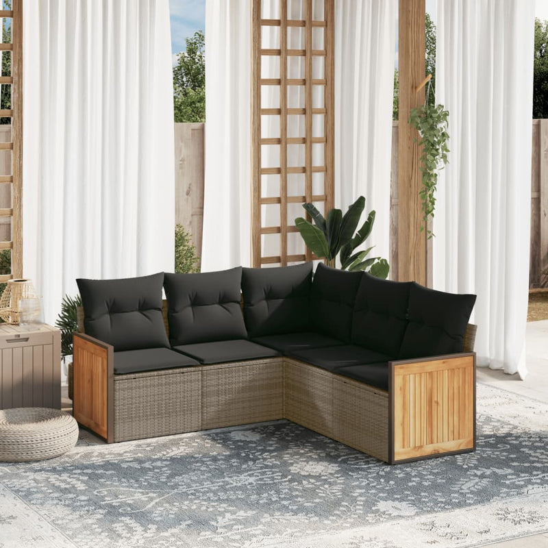 5-tlg. Garten-Sofagarnitur mit Kissen Grau Poly Rattan