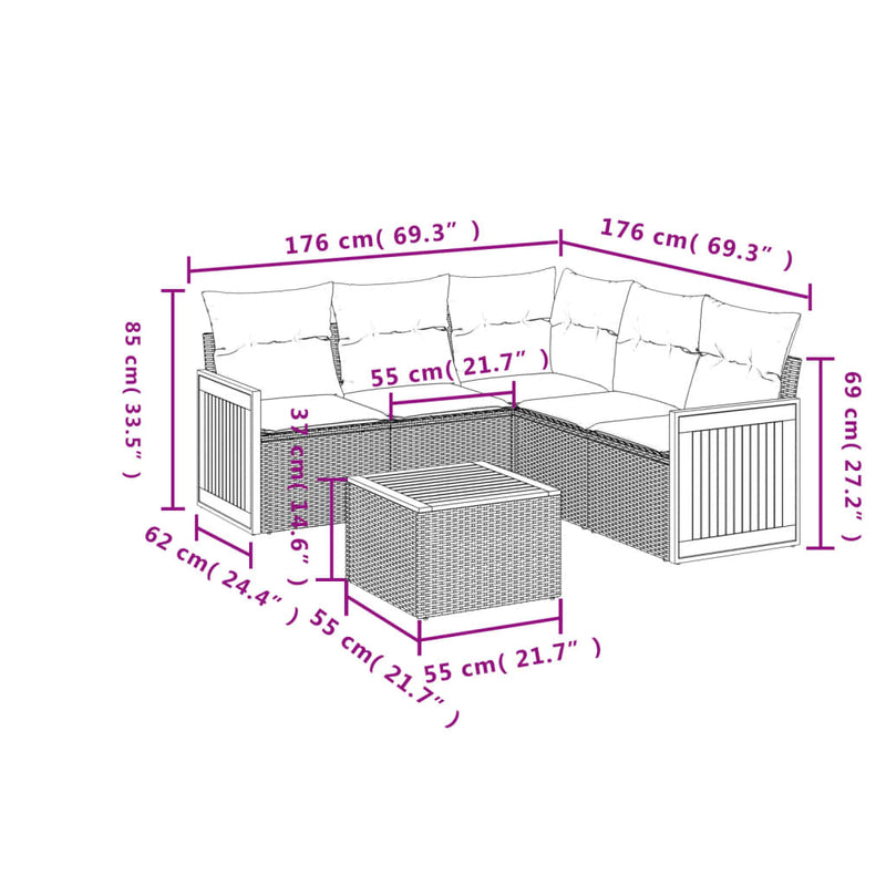 6-tlg. Garten-Sofagarnitur mit Kissen Schwarz Poly Rattan