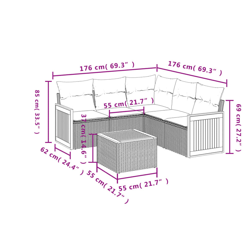 6-tlg. Garten-Sofagarnitur mit Kissen Beige Poly Rattan