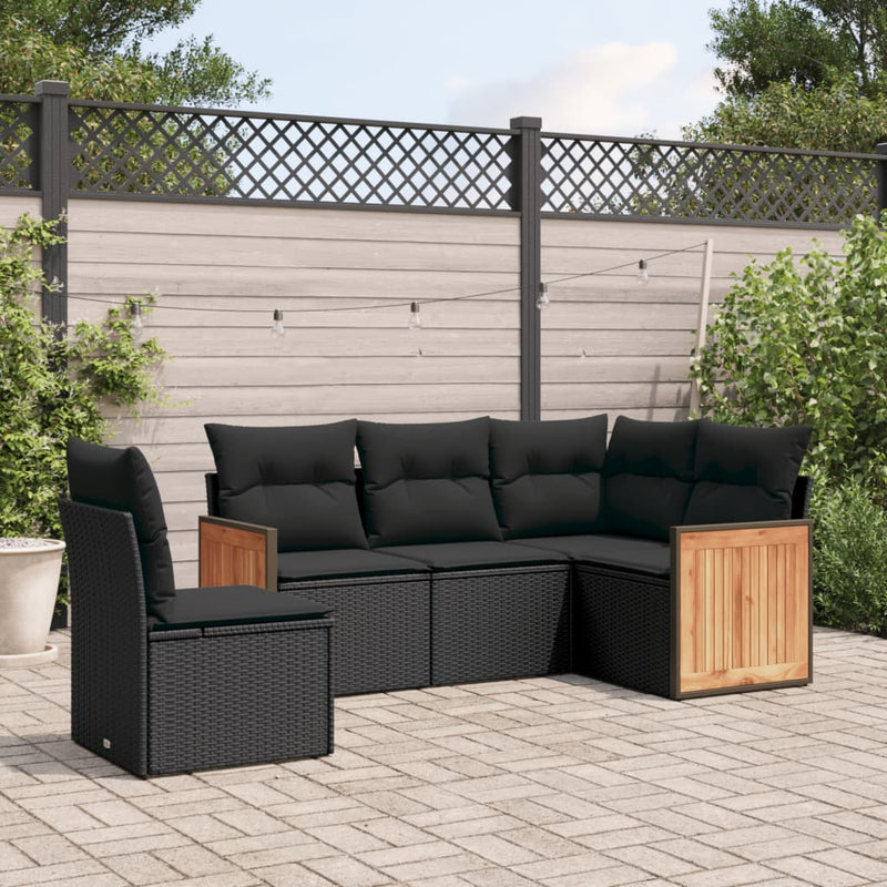 5-tlg. Garten-Sofagarnitur mit Kissen Schwarz Poly Rattan