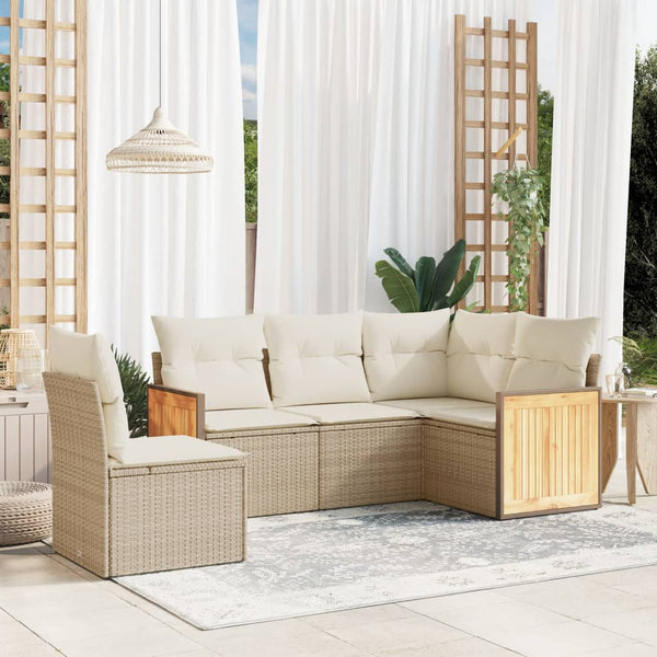 5-tlg. Garten-Sofagarnitur mit Kissen Beige Poly Rattan