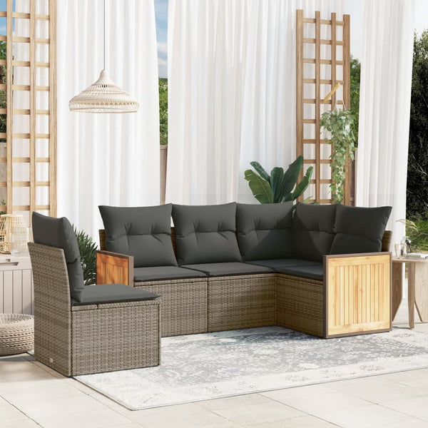 5-tlg. Garten-Sofagarnitur mit Kissen Grau Poly Rattan