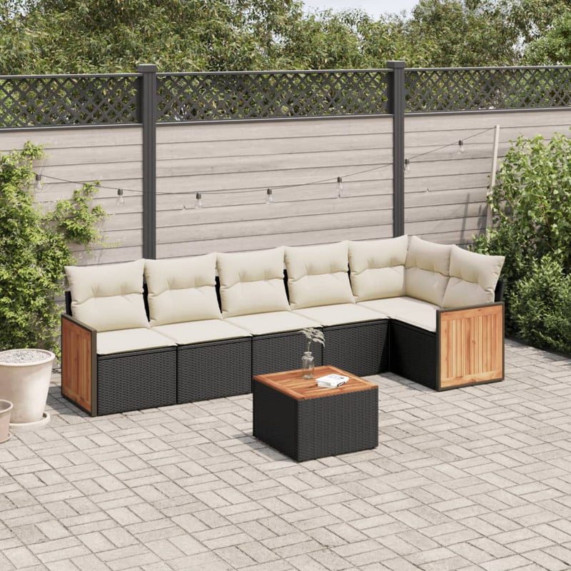 7-tlg. Garten-Sofagarnitur mit Kissen Schwarz Poly Rattan