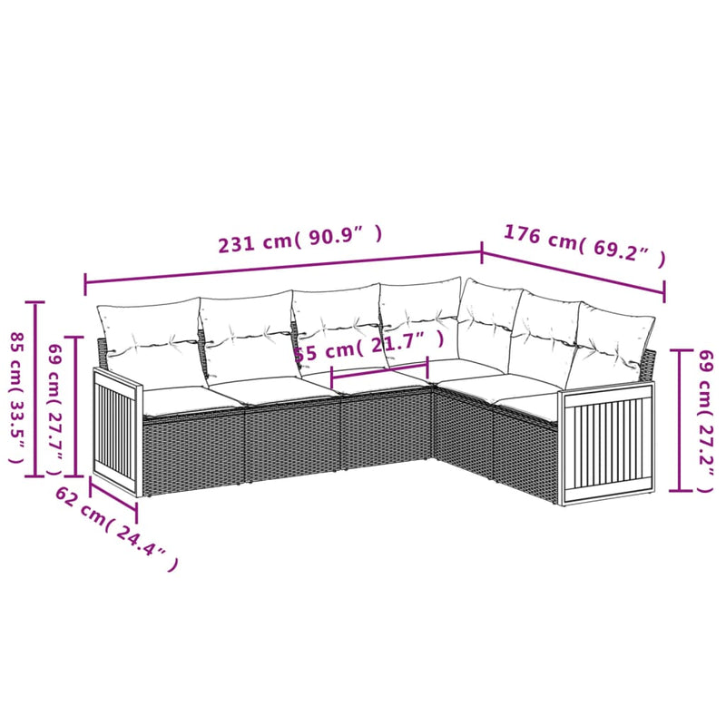 6-tlg. Garten-Sofagarnitur mit Kissen Grau Poly Rattan