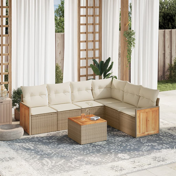 7-tlg. Garten-Sofagarnitur mit Kissen Beige Poly Rattan