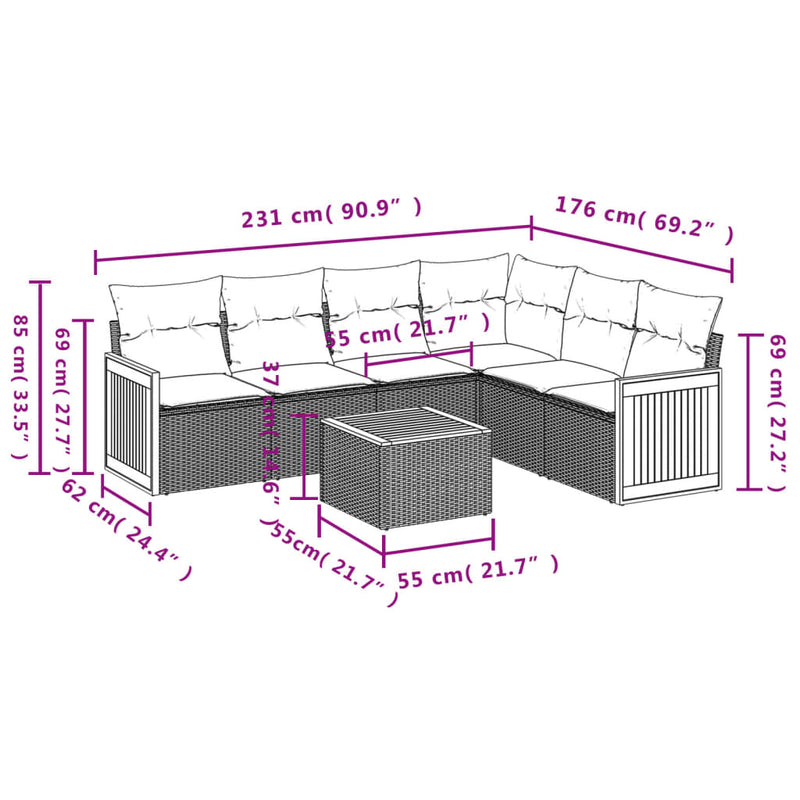 7-tlg. Garten-Sofagarnitur mit Kissen Grau Poly Rattan