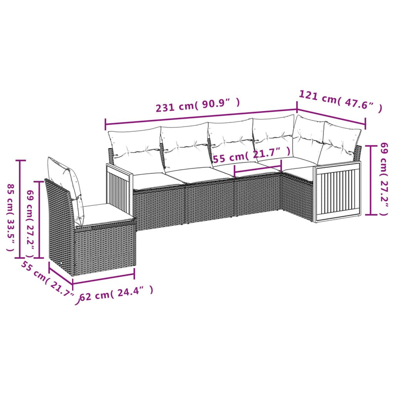 6-tlg. Garten-Sofagarnitur mit Kissen Schwarz Poly Rattan