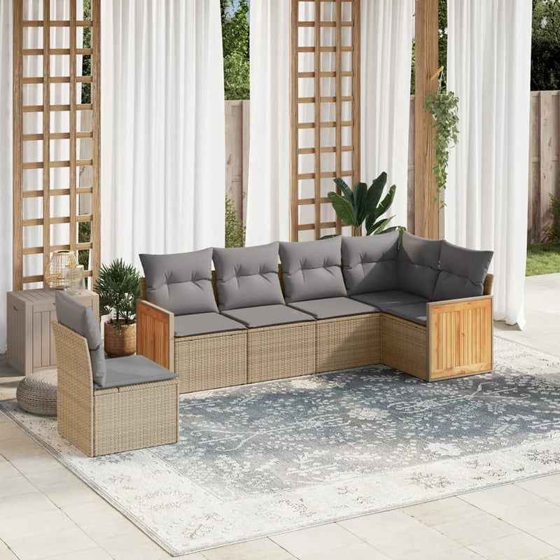 6-tlg. Garten-Sofagarnitur mit Kissen Beige Poly Rattan