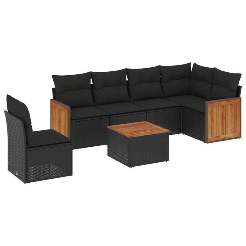 7-tlg. Garten-Sofagarnitur mit Kissen Schwarz Poly Rattan