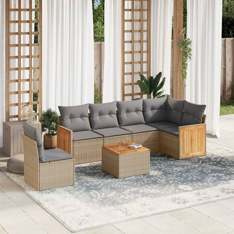 7-tlg. Garten-Sofagarnitur mit Kissen Beige Poly Rattan