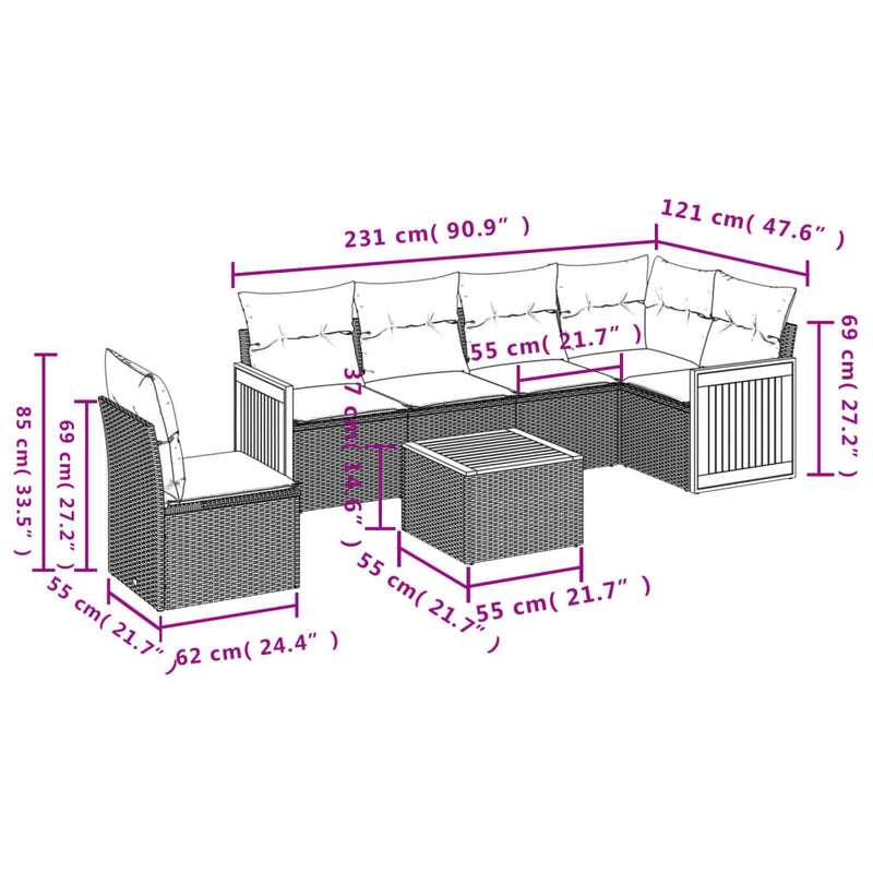 7-tlg. Garten-Sofagarnitur mit Kissen Grau Poly Rattan