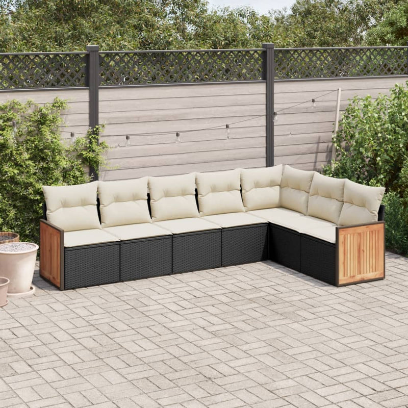 7-tlg. Garten-Sofagarnitur mit Kissen Schwarz Poly Rattan