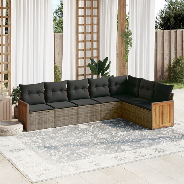 7-tlg. Garten-Sofagarnitur mit Kissen Grau Poly Rattan