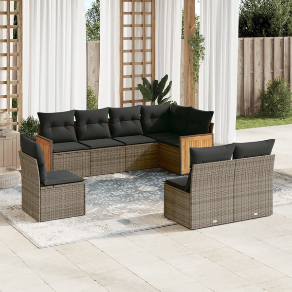 8-tlg. Garten-Sofagarnitur mit Kissen Grau Poly Rattan