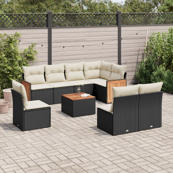 9-tlg. Garten-Sofagarnitur mit Kissen Schwarz Poly Rattan