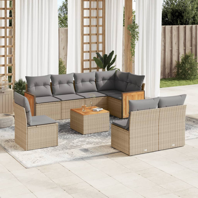 9-tlg. Garten-Sofagarnitur mit Kissen Beige Poly Rattan