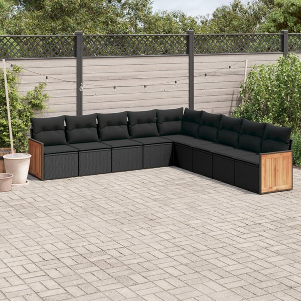 9-tlg. Garten-Sofagarnitur mit Kissen Schwarz Poly Rattan