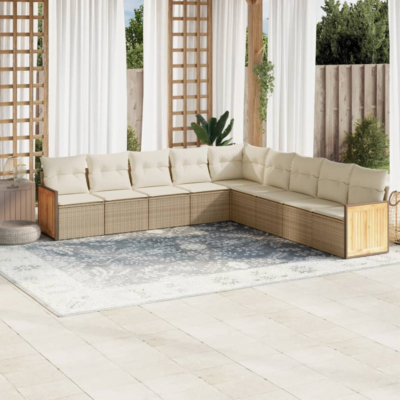 9-tlg. Garten-Sofagarnitur mit Kissen Beige Poly Rattan