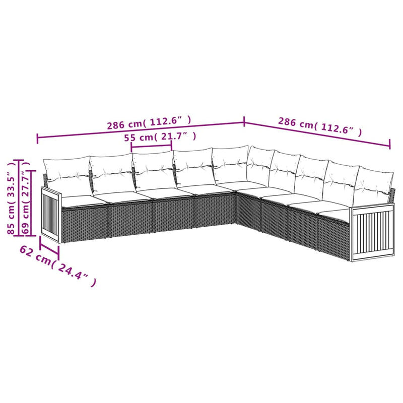 9-tlg. Garten-Sofagarnitur mit Kissen Grau Poly Rattan