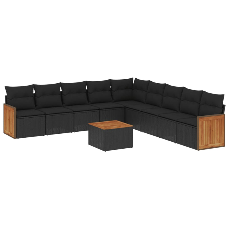 10-tlg. Garten-Sofagarnitur mit Kissen Schwarz Poly Rattan