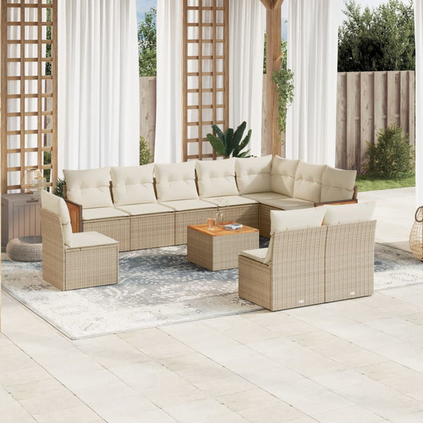 11-tlg. Garten-Sofagarnitur mit Kissen Beige Poly Rattan