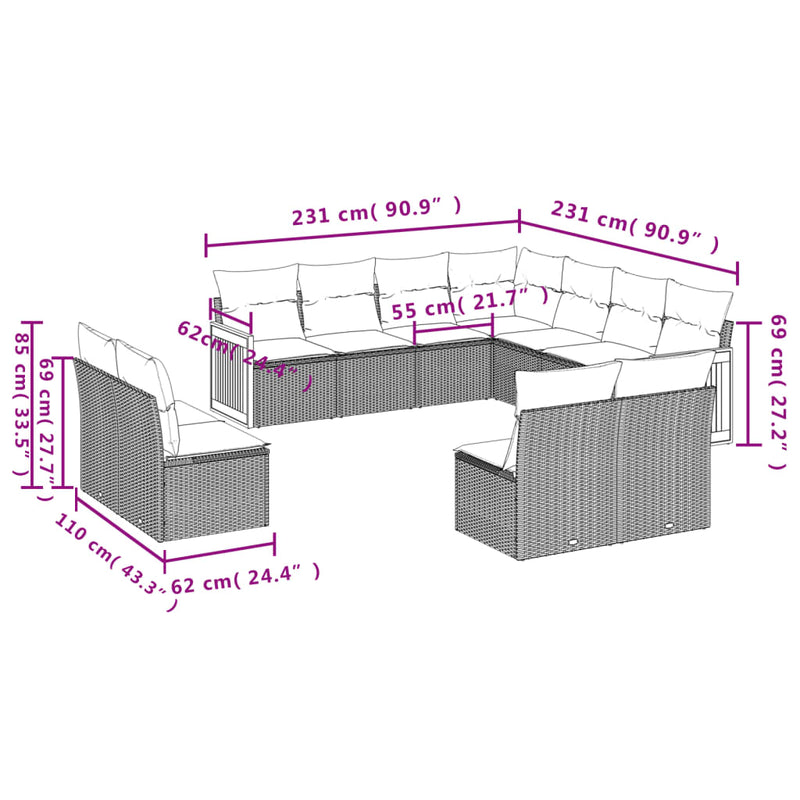 11-tlg. Garten-Sofagarnitur mit Kissen Schwarz Poly Rattan