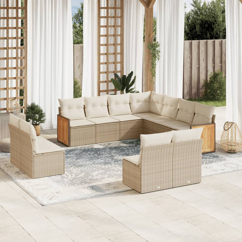 11-tlg. Garten-Sofagarnitur mit Kissen Beige Poly Rattan