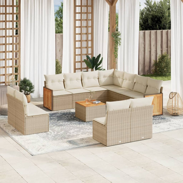 12-tlg. Garten-Sofagarnitur mit Kissen Beige Poly Rattan