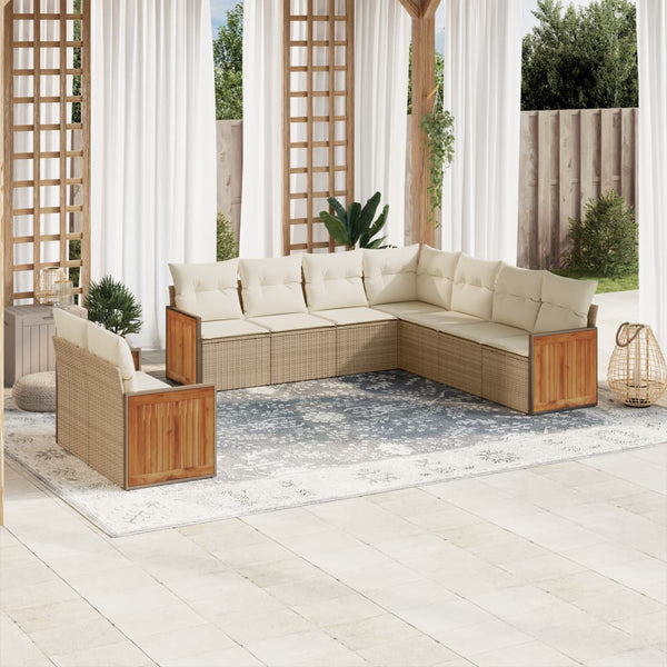 9-tlg. Garten-Sofagarnitur mit Kissen Beige Poly Rattan