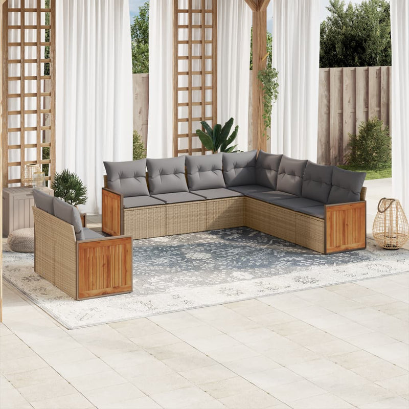 9-tlg. Garten-Sofagarnitur mit Kissen Beige Poly Rattan