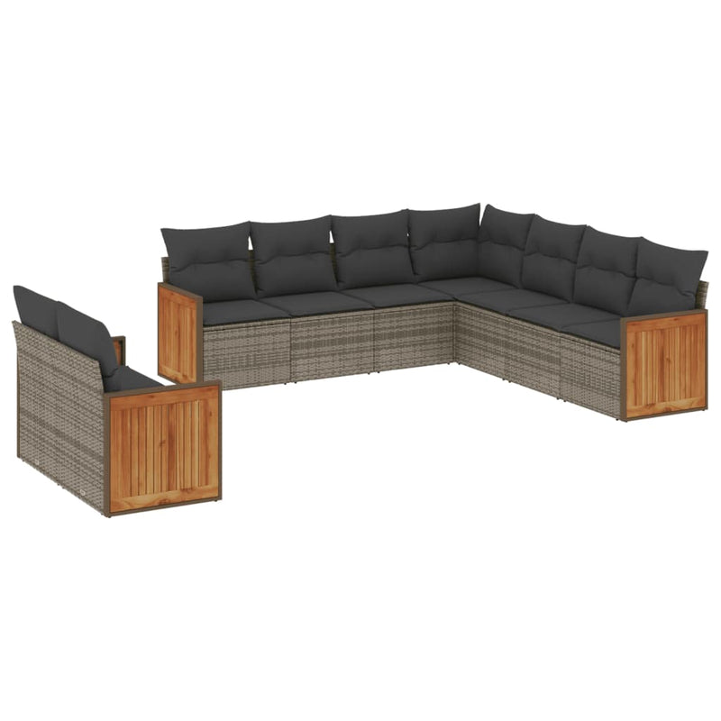 9-tlg. Garten-Sofagarnitur mit Kissen Grau Poly Rattan