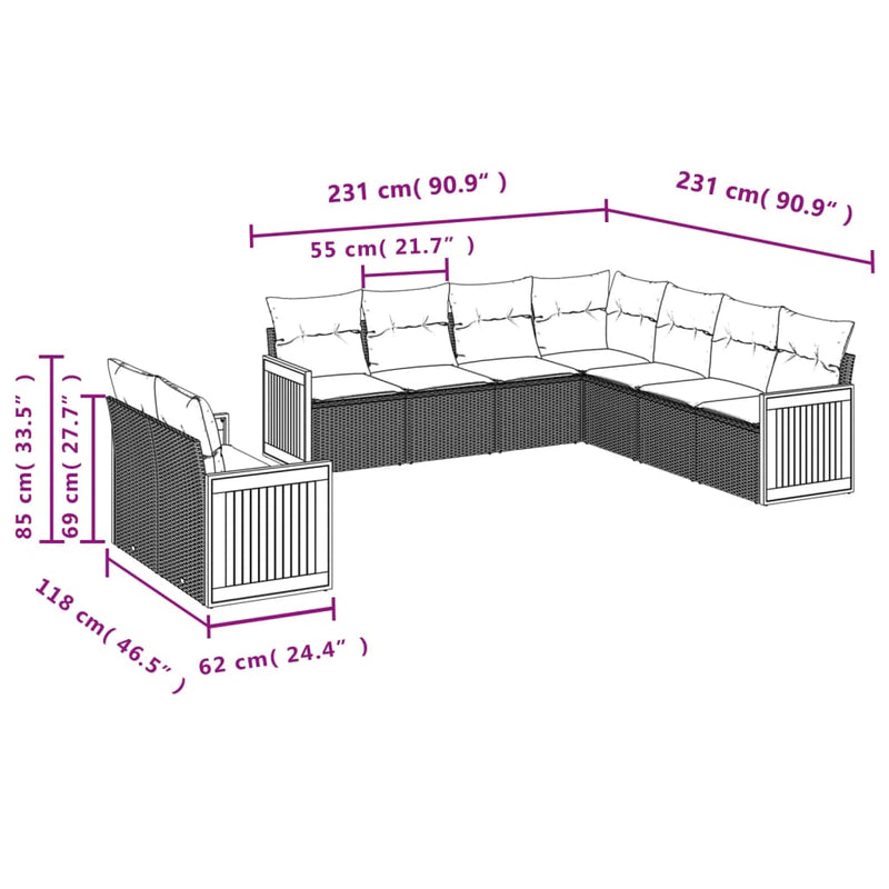 9-tlg. Garten-Sofagarnitur mit Kissen Grau Poly Rattan