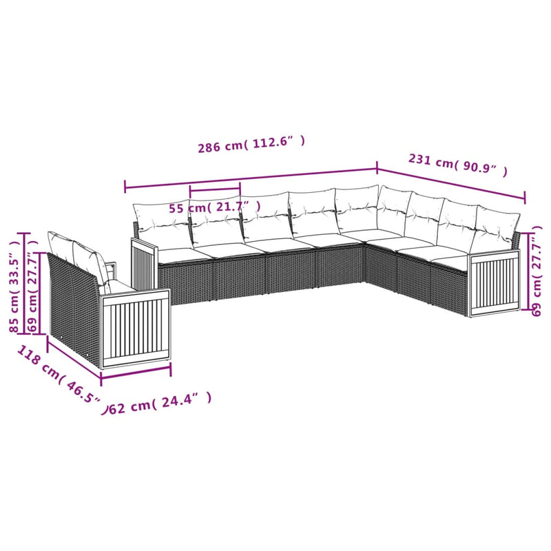 10-tlg. Garten-Sofagarnitur mit Kissen Schwarz Poly Rattan