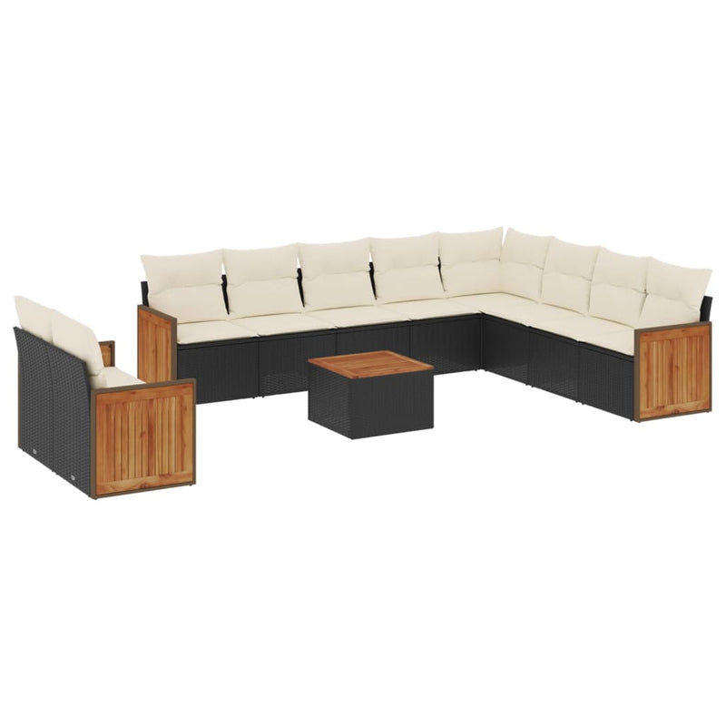 11-tlg. Garten-Sofagarnitur mit Kissen Schwarz Poly Rattan