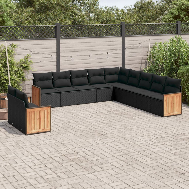 11-tlg. Garten-Sofagarnitur mit Kissen Schwarz Poly Rattan