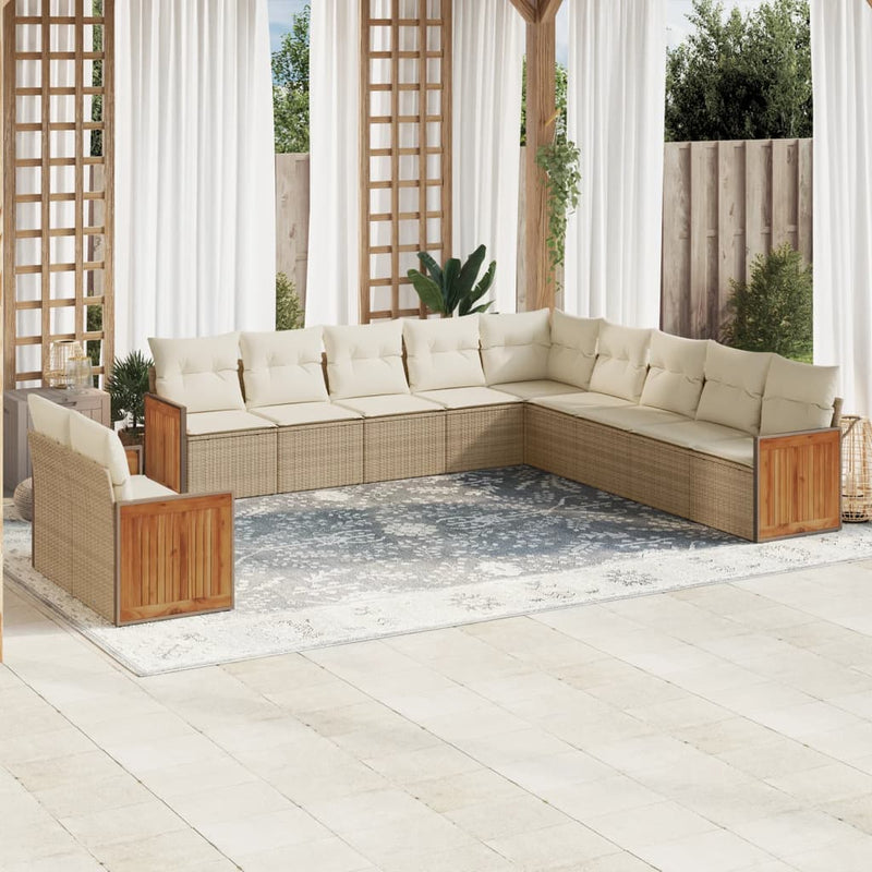 11-tlg. Garten-Sofagarnitur mit Kissen Beige Poly Rattan