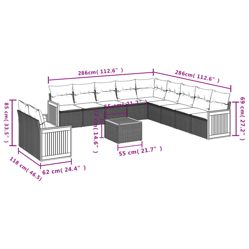 12-tlg. Garten-Sofagarnitur mit Kissen Schwarz Poly Rattan