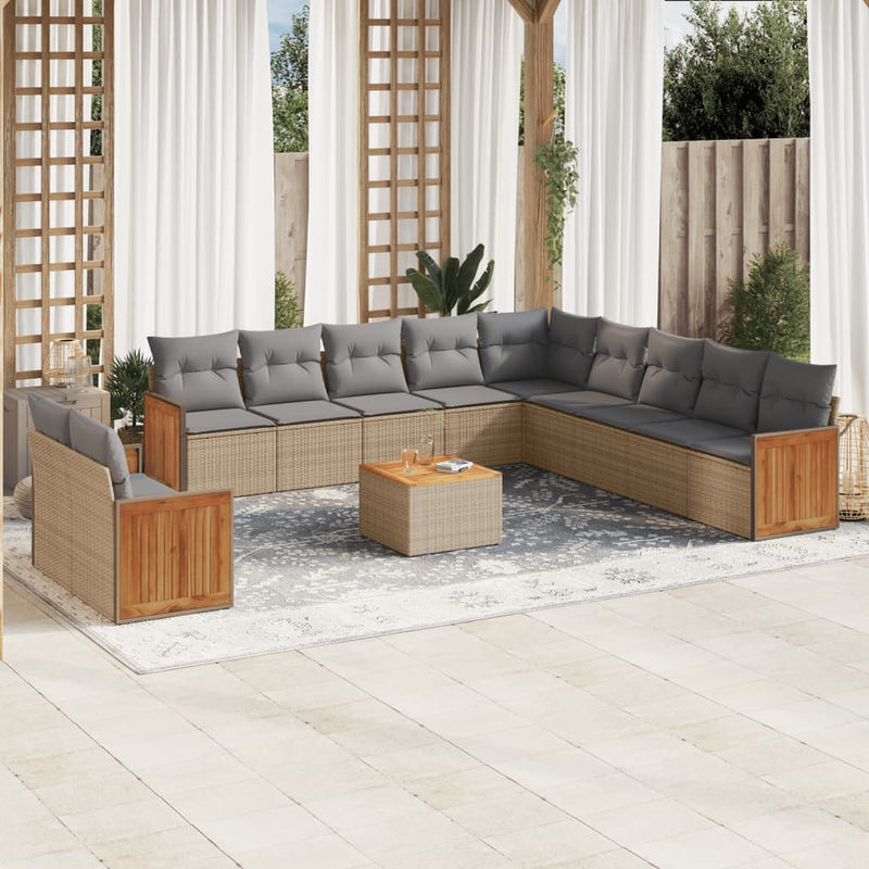 12-tlg. Garten-Sofagarnitur mit Kissen Beige Poly Rattan