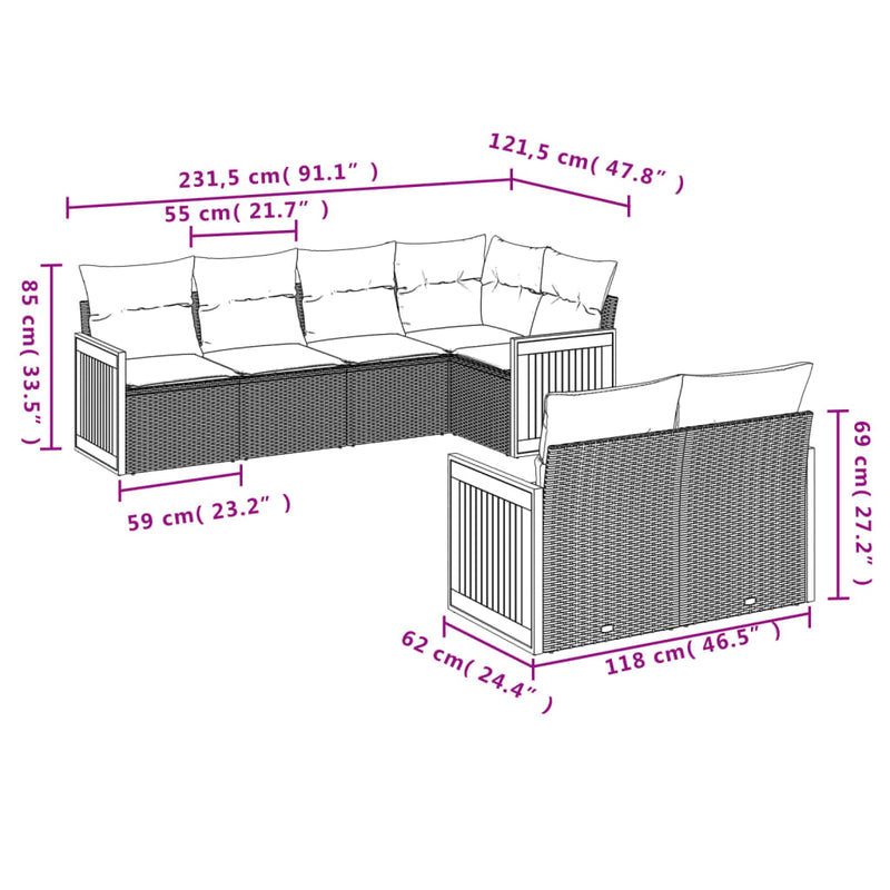 7-tlg. Garten-Sofagarnitur mit Kissen Schwarz Poly Rattan