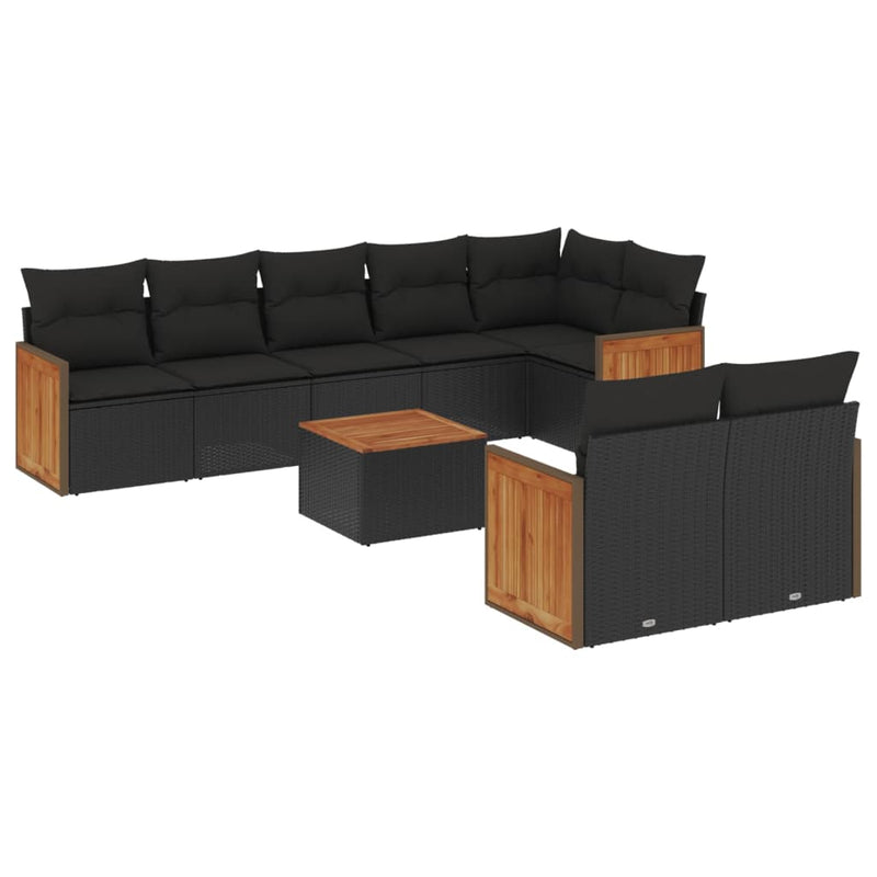 9-tlg. Garten-Sofagarnitur mit Kissen Schwarz Poly Rattan