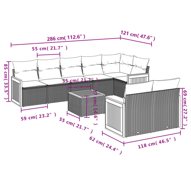 9-tlg. Garten-Sofagarnitur mit Kissen Schwarz Poly Rattan